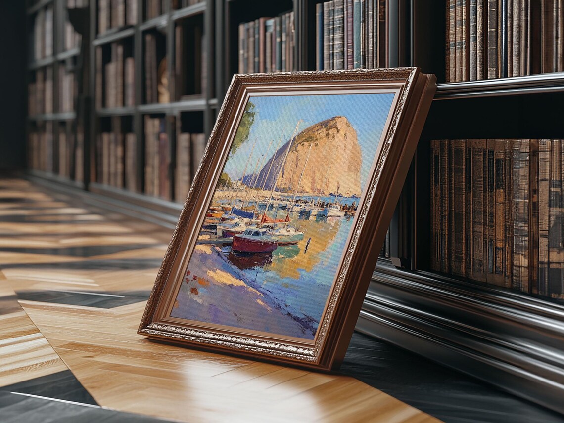 Seaside Harbor Sailboats Cliff Oil Painting Coastal Wall Art Poster