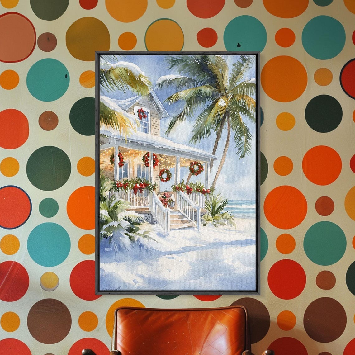 Beach House Christmas Porch With Palm Trees Wreaths Snow Poster