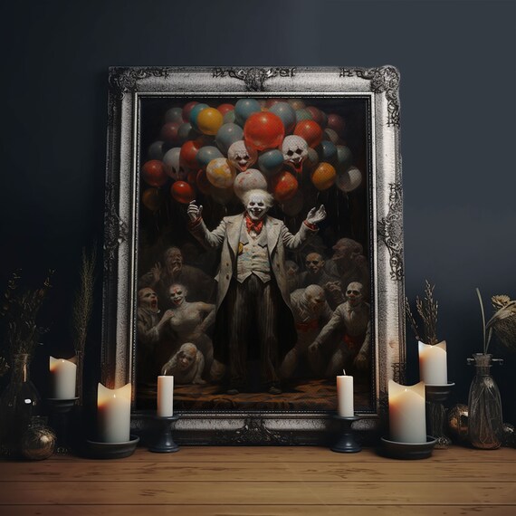 Creepy Clown With Skull Balloons Vintage Circus Horror Wall Art