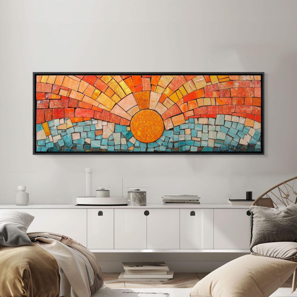 Panoramic Print Sunset Mosaic Print Wood Framed Wall Art Horizontal Abstract Art Wide Wall Art Above Bed Decor Framed - Image 4