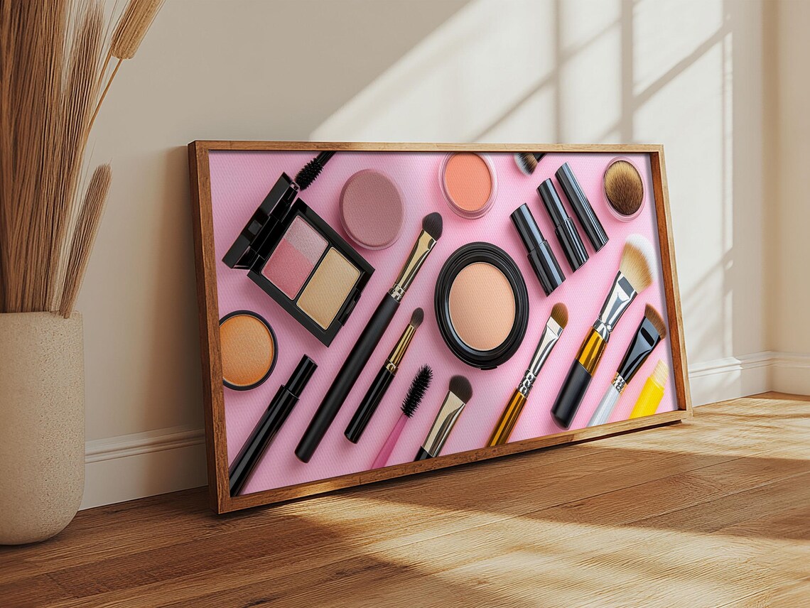 Makeup Brushes Cosmetics Flat Lay Pink Background Preppy Beauty Wall Art - Image 4
