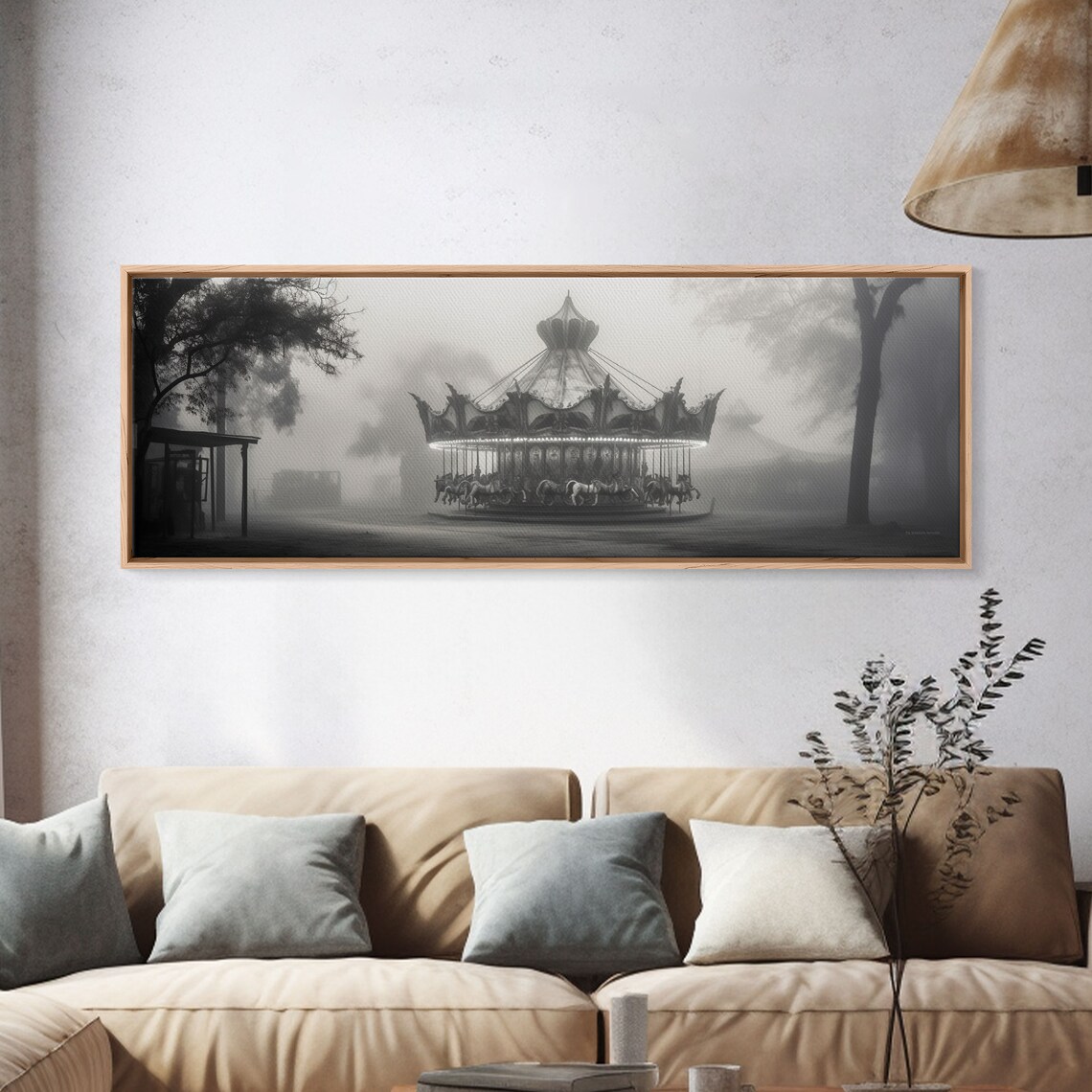 Haunted Carousel In Fog Black And White Spooky Vintage Wall Art - Image 4