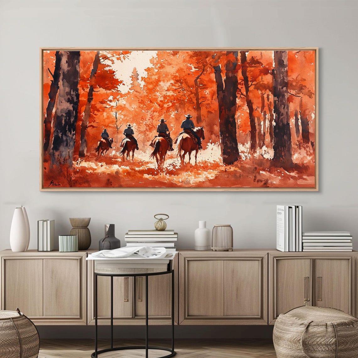 Cowboys Riding Into Blazing Red Autumn Forest Trail Art Print - Image 6