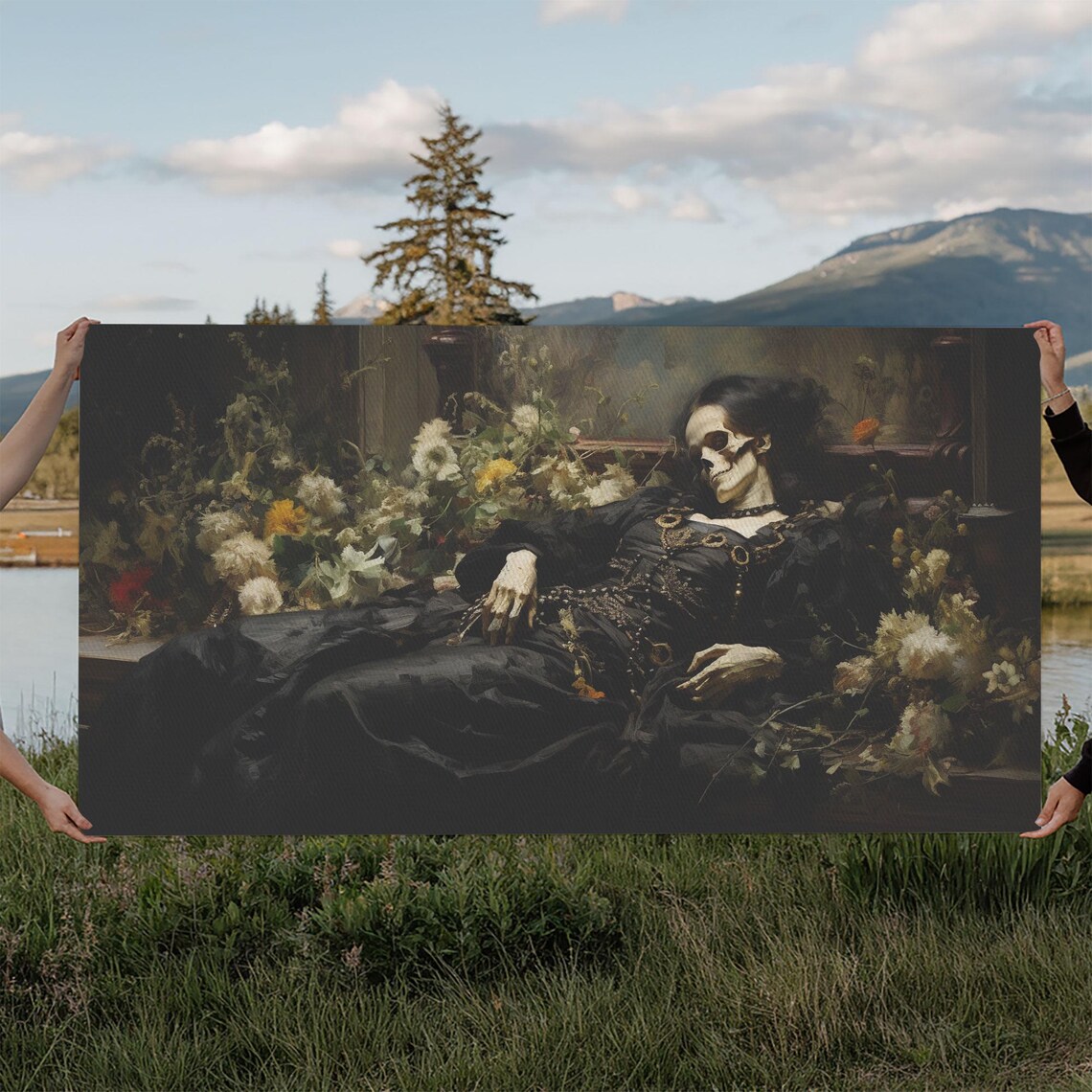 Sleeping Skeleton Lady In Black Dress Among Flowers Gothic Poster