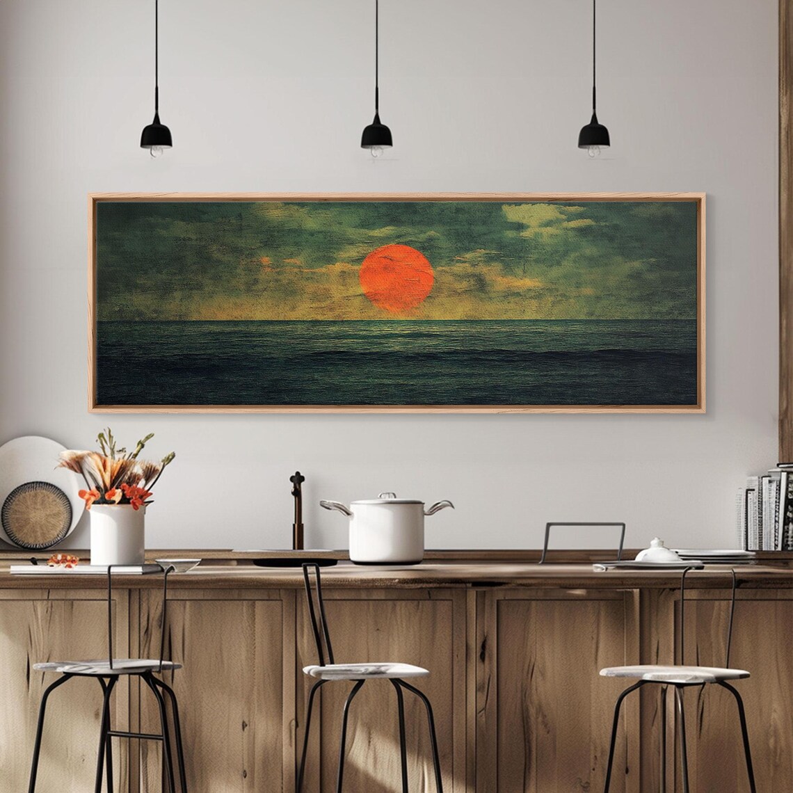 Ocean On Fire Panoramic Sunset Red Sun Deep Green Sea Moody Boho Poster - Image 3