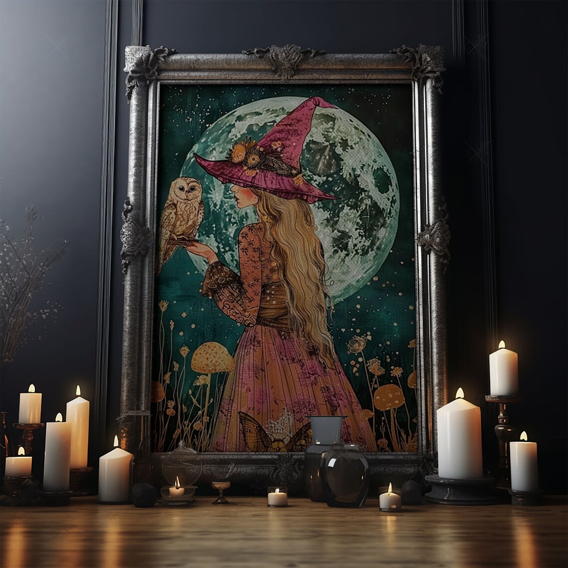 Witch Purple Hat Owl Giant Full Moon Watercolor Night Art Poster - Image 5