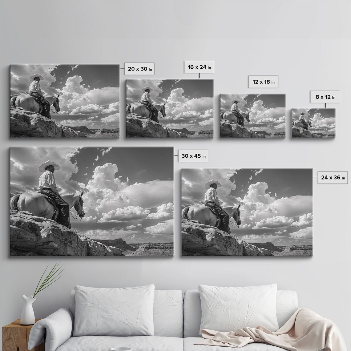 Cowboy On Horseback Rocky Cliff Dramatic Sky Black White Poster - Image 2