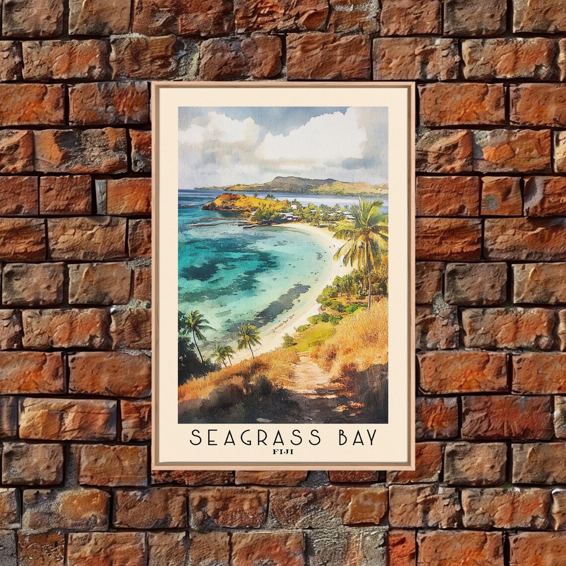 Seagrass Bay Fiji Coral Reef Turquoise Bay Aerial Palm Coast Travel Poster - Image 4