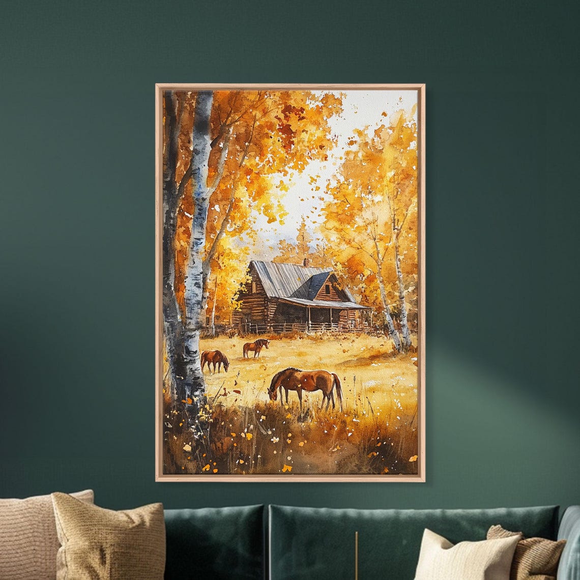 Log Cabin With Horses Grazing In Golden Autumn Woods Meadow Poster - Image 4