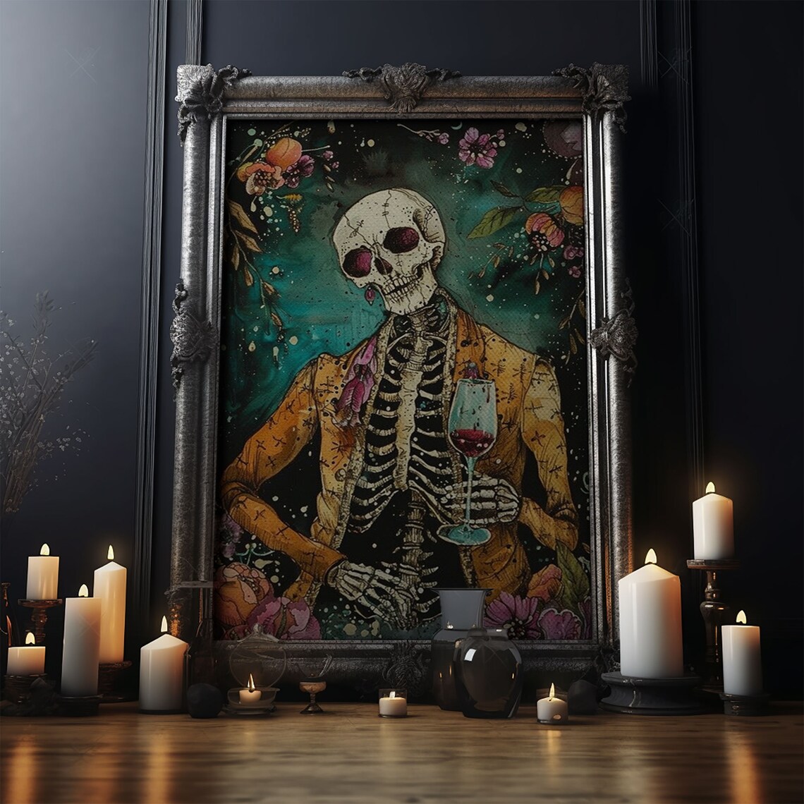 Colorful Day Of Dead Skeleton Gentleman Wine Glass Art Poster - Image 4