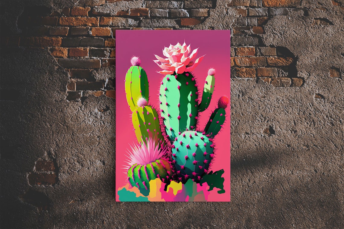 Neon Pop Art Cactus Blooming Flowers Hot Pink Background Art Poster
