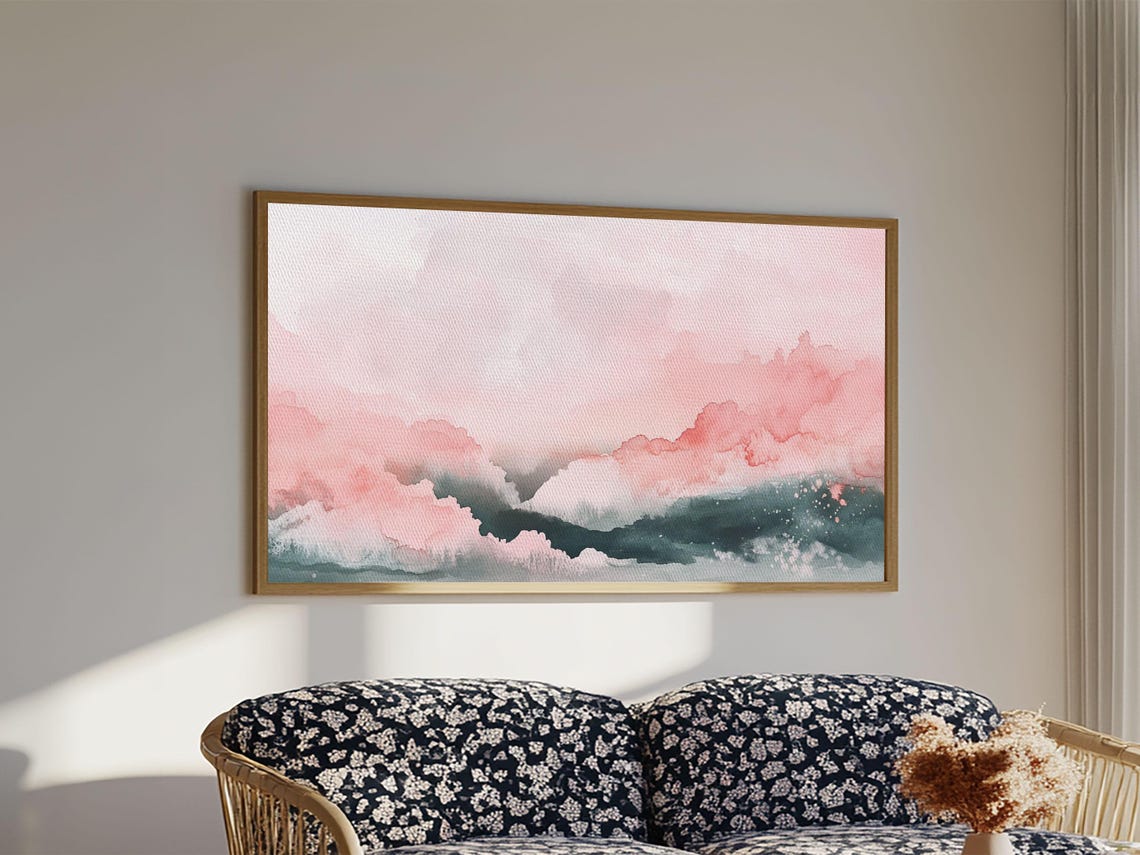 Pink Clouds Over Teal Waves Wide Abstract Watercolor Ocean Sky Poster - Image 2