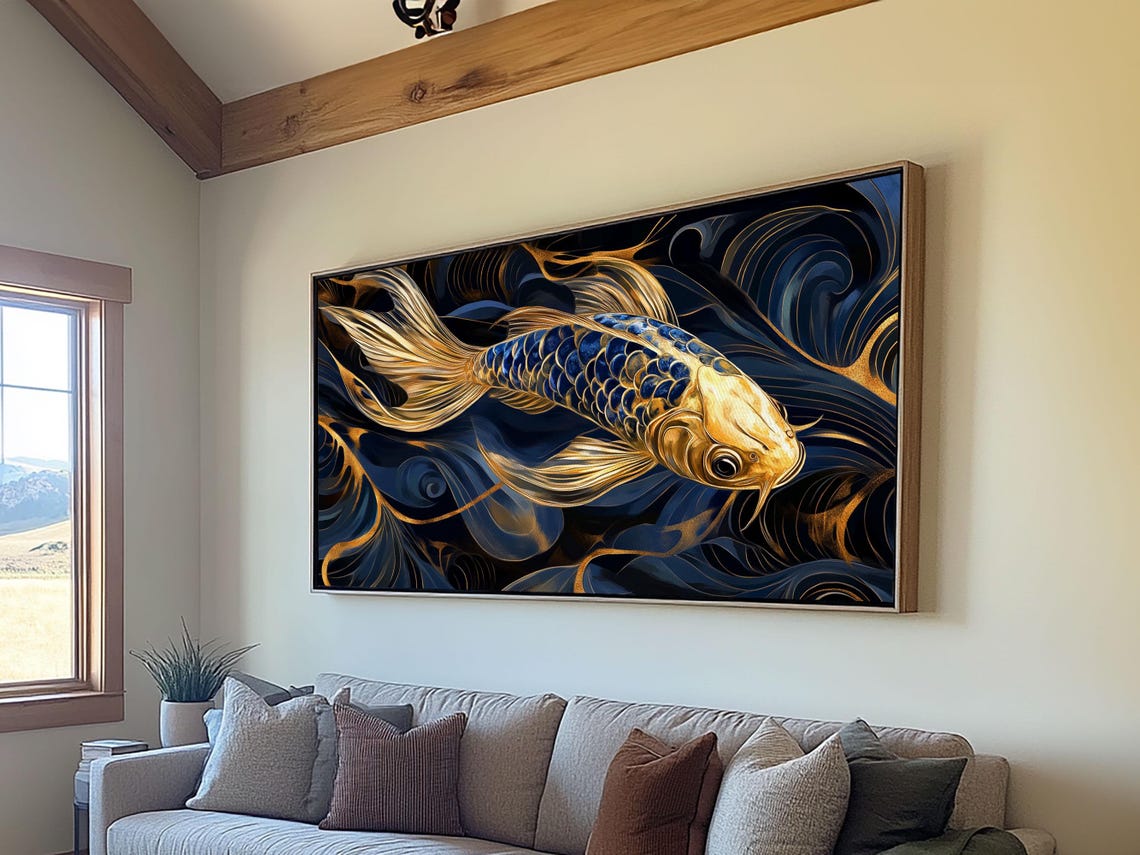 Golden Blue Koi Fish Flowing Fins Dark Elegant Asian Style Wall Art - Image 5