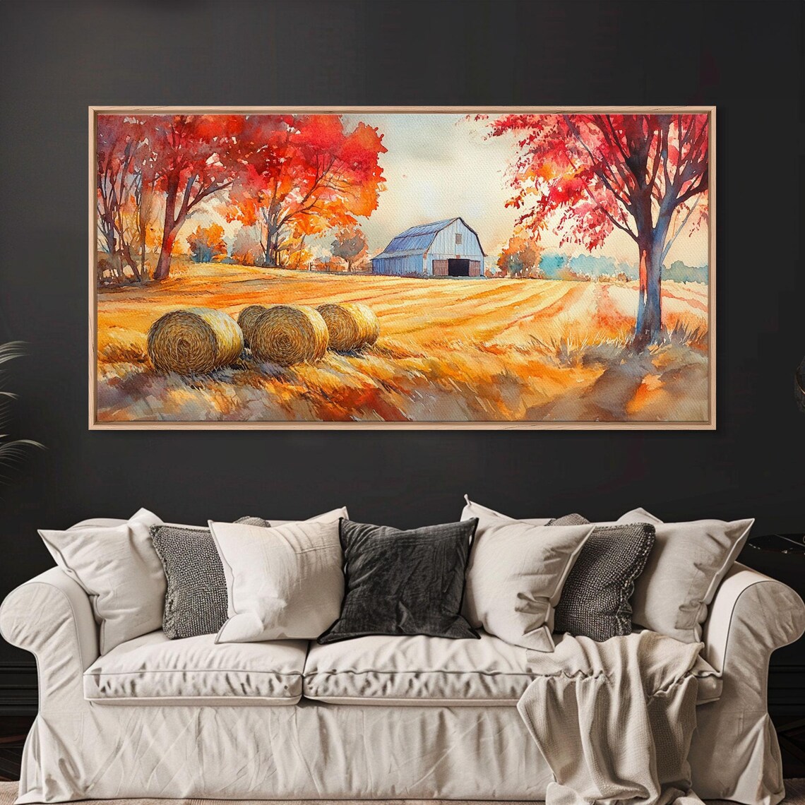 Autumn Farmhouse Barn With Hay Bales Red Maple Trees Art Print - Image 4