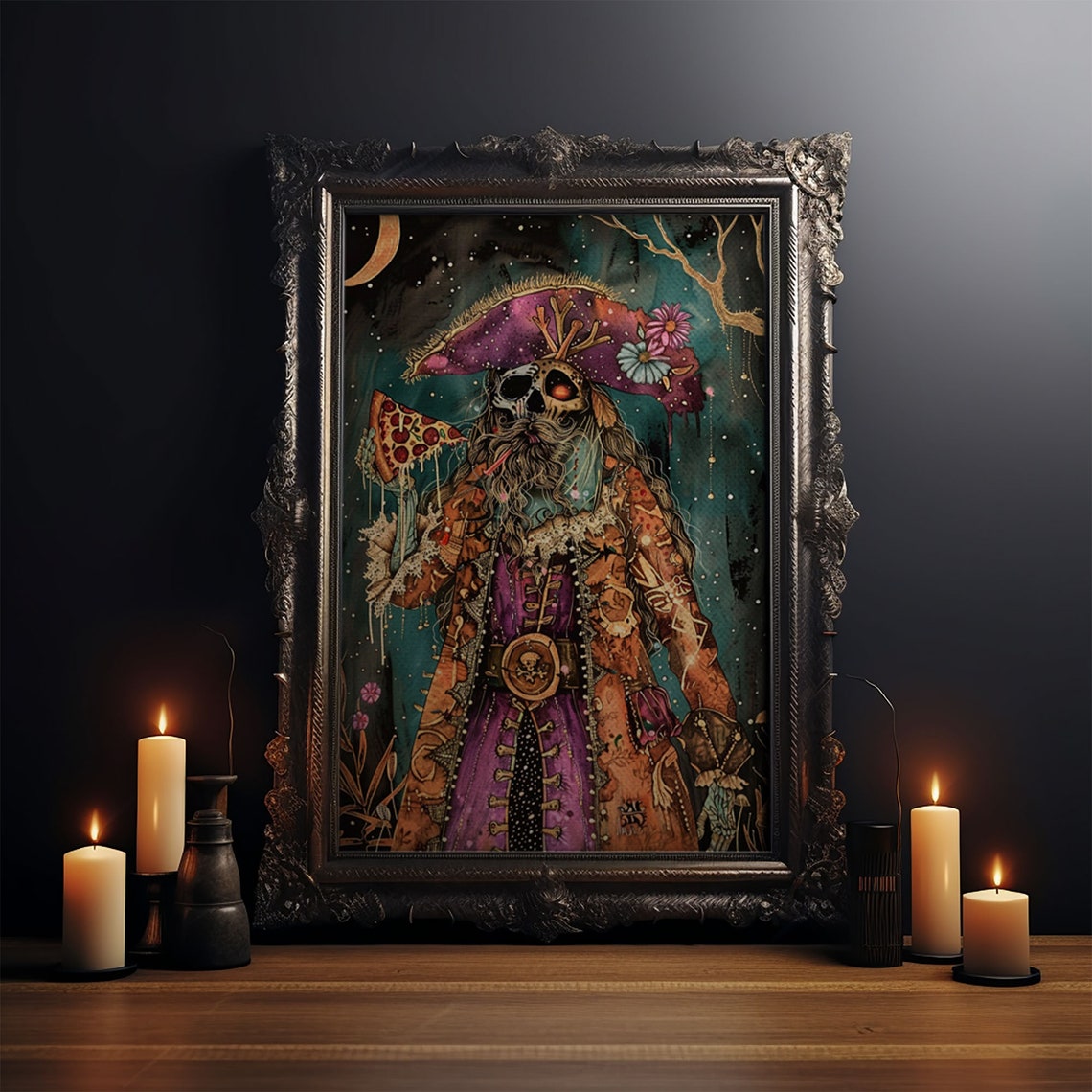 Skeleton Pirate Pizza Tricorn Hat Moonlit Night Fun Art Poster - Image 3