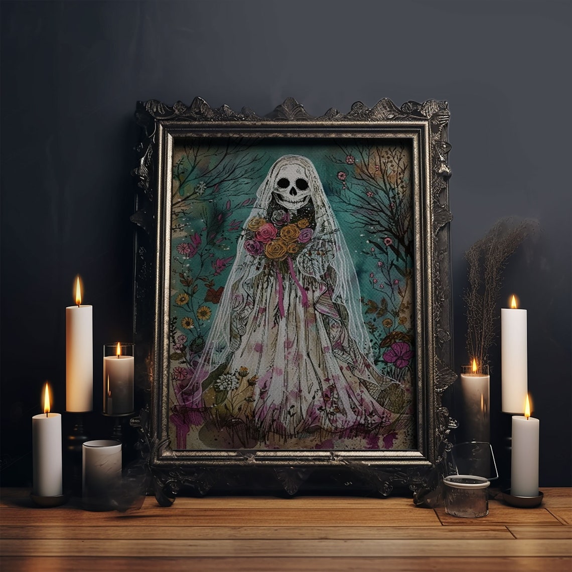 Ghostly Skeleton Bride Veil Roses Botanical Watercolor Art Poster - Image 5
