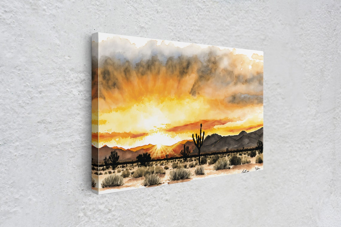 Arizona Desert Saguaro Sunset Watercolor Mountain Panorama Wall Poster - Image 4