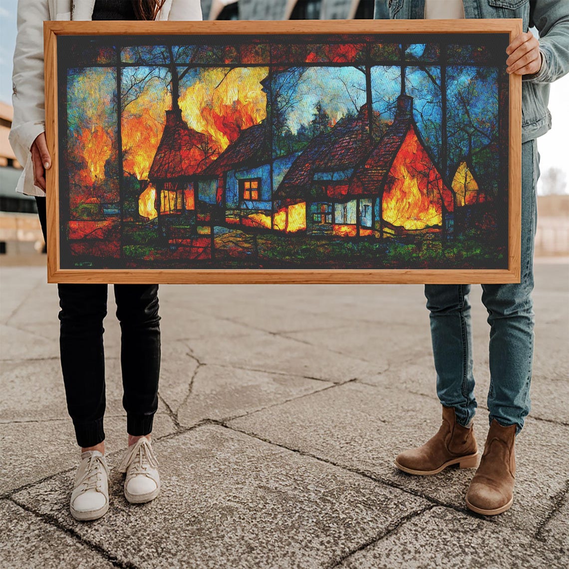 Stained Glass Cottage On Fire Night Scene Bold Fiery Gothic Art Poster - Image 5
