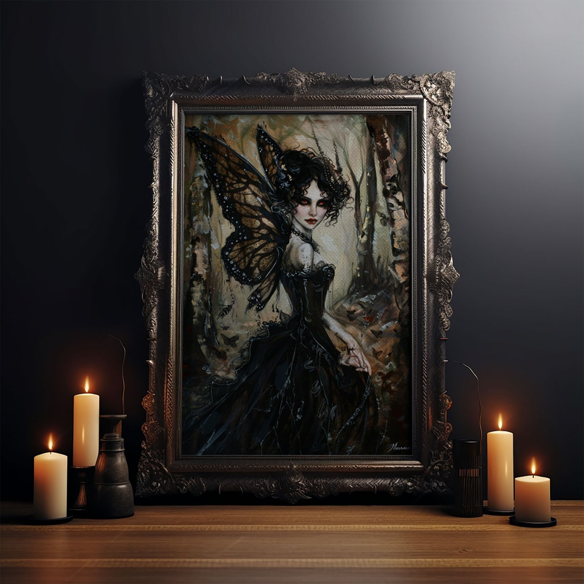 Dark Gothic Fairy With Butterfly Wings In Enchanted Forest Poster - Image 4
