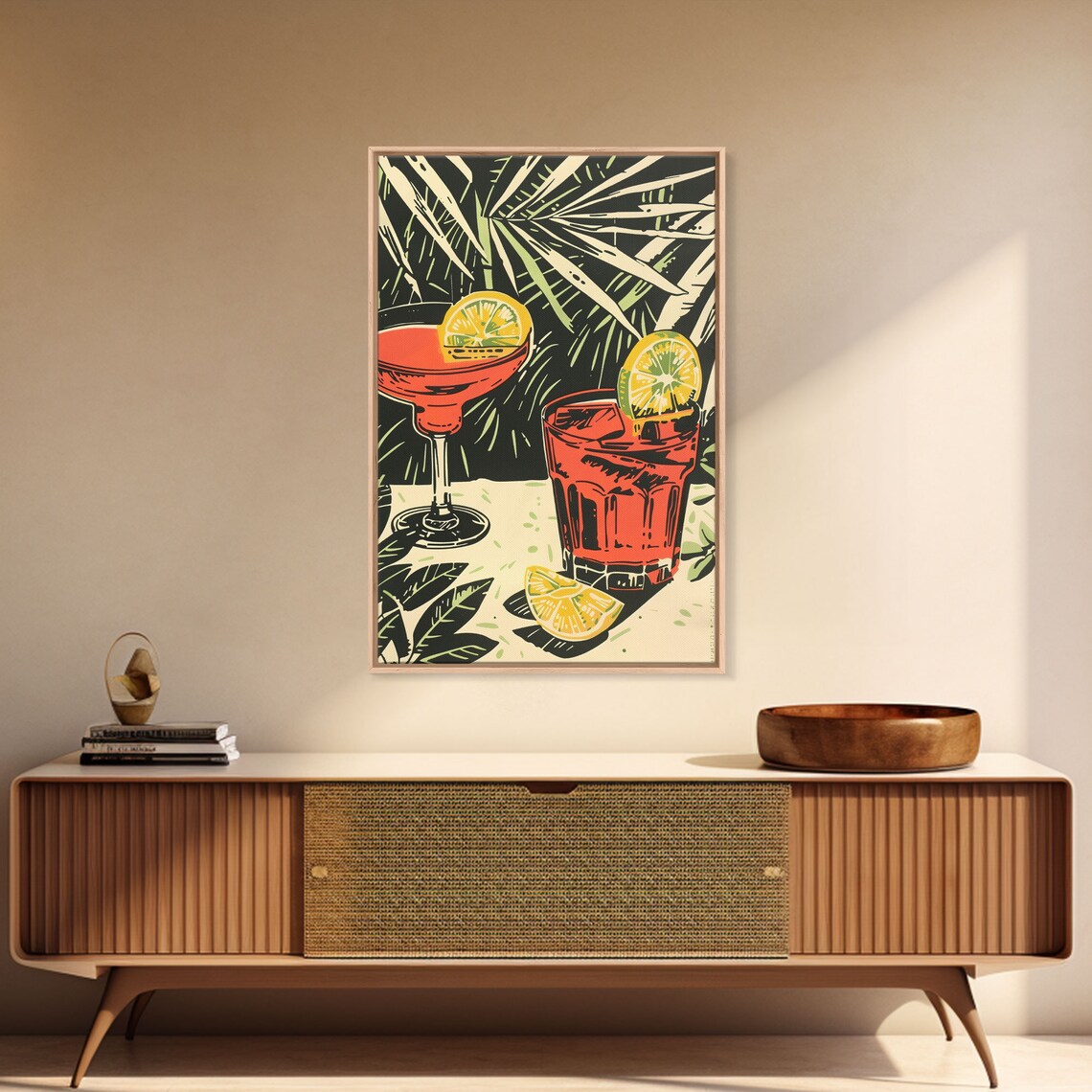 Retro Tropical Red Cocktails Palm Fronds Woodblock Style Bar Poster - Image 3