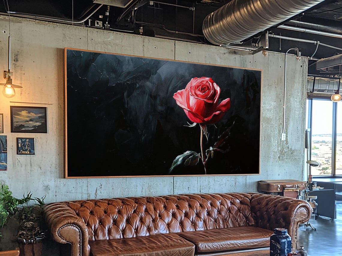 Moody Red Rose Oil Painting Single Flower on Black Background Poster - Image 5
