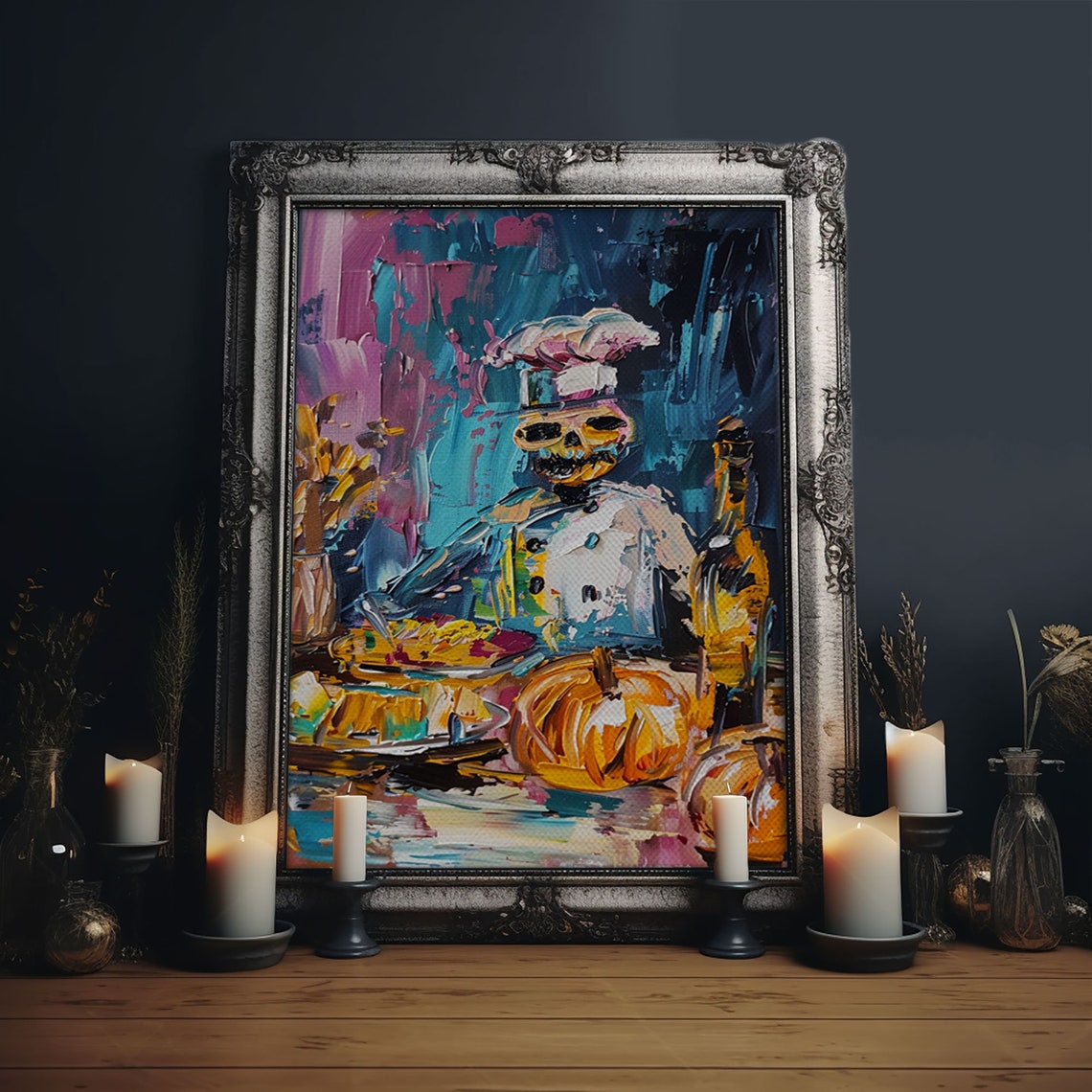 Skeleton Chef Cooking Pumpkins Colorful Impasto Kitchen Art Poster