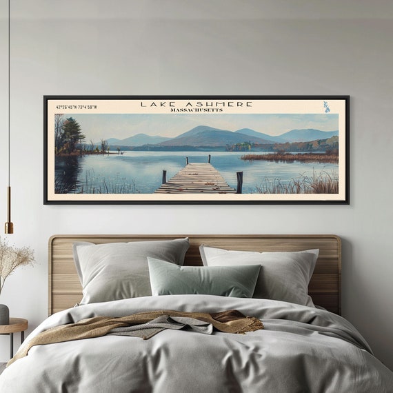 Lake Ashmere Massachusetts Framed Print Panoramic Lake House Decor Wall Art Travel Poster Captivating Lake Painting Nature Art