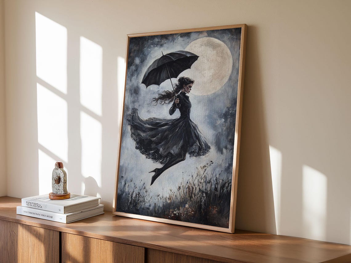 Witch Flying With Umbrella Under Full Moon Dark Gothic Night Wall Art - Image 5