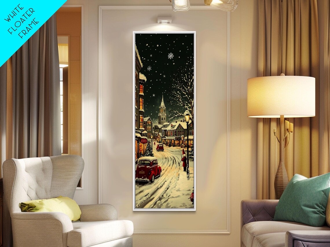 Snowy Village Street At Night With Vintage Red Car Christmas Poster - Image 6