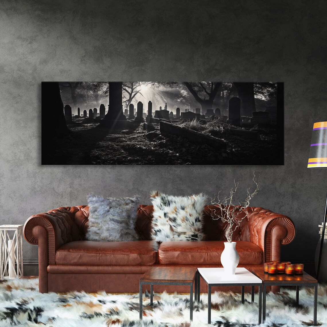 Creepy Cemetery, Black and White Halloween Art Print - Image 3