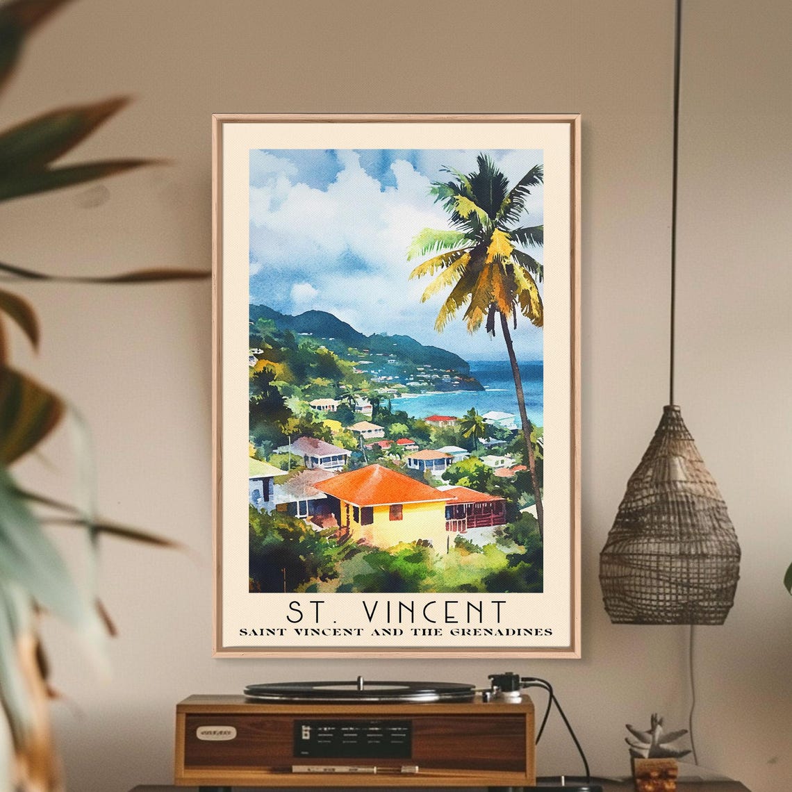St Vincent Caribbean Hillside Town Colorful Houses Palm Tree Poster - Image 2