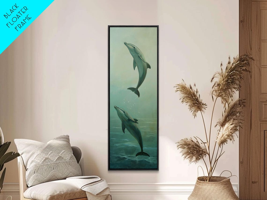 Two Dolphins Swimming Upward In Soft Green Ocean Water Serene Poster - Image 5