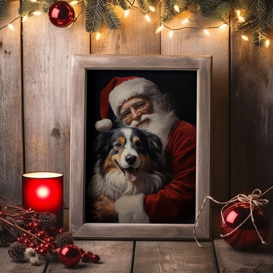 Santa Claus Cuddling Happy Australian Shepherd Christmas Poster