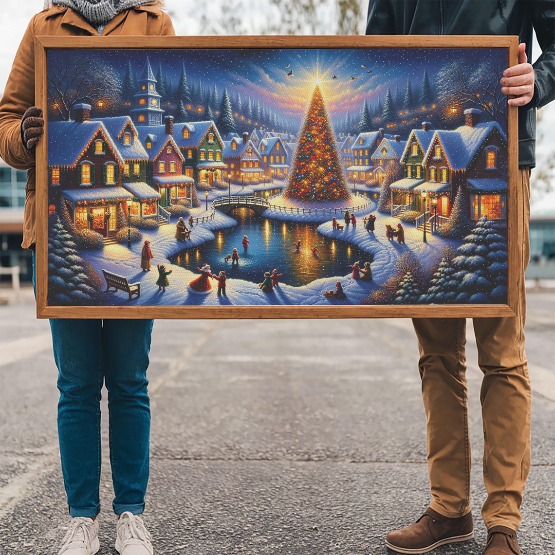 Christmas Town Square Tree With Skaters On Frozen Pond Night Poster - Image 3