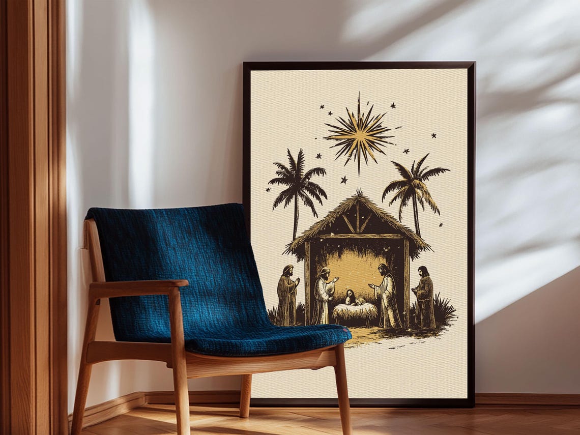 Vintage Nativity Scene Silhouette With Star Christmas Art Poster - Image 5