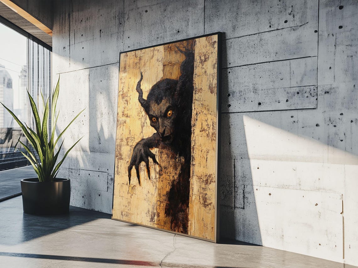 Horned Demon Peeking Around Wall Dark Horror Painting Poster - Image 5