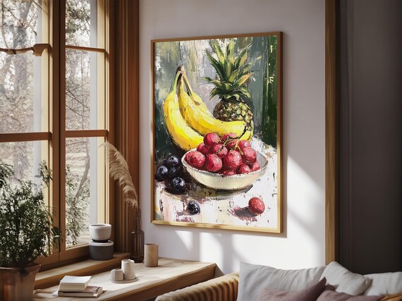 Retro Antique Fruit Still Life Oil Painting Print Wood Framed Still Life Art Oil Painting Print Kitchen Decor Kitchen Art