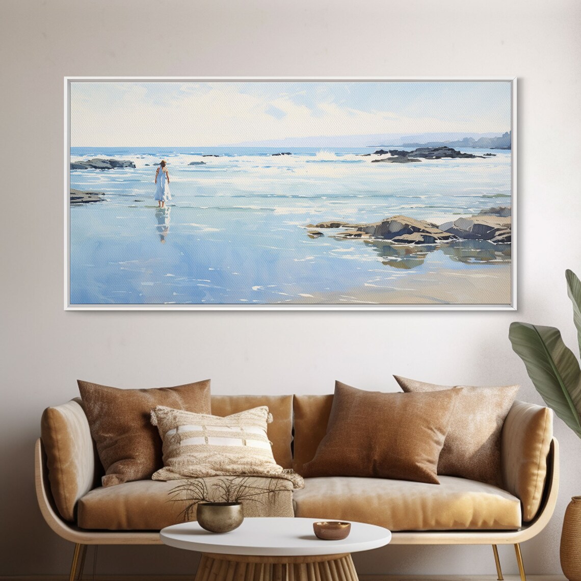 Woman In White Dress Walking On Beach Watercolor Coastal Art Poster - Image 6