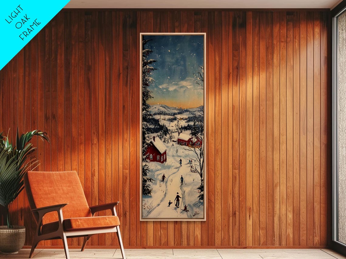 Snowy Village Night Red Barn Skaters Starry Sky Christmas Poster - Image 3