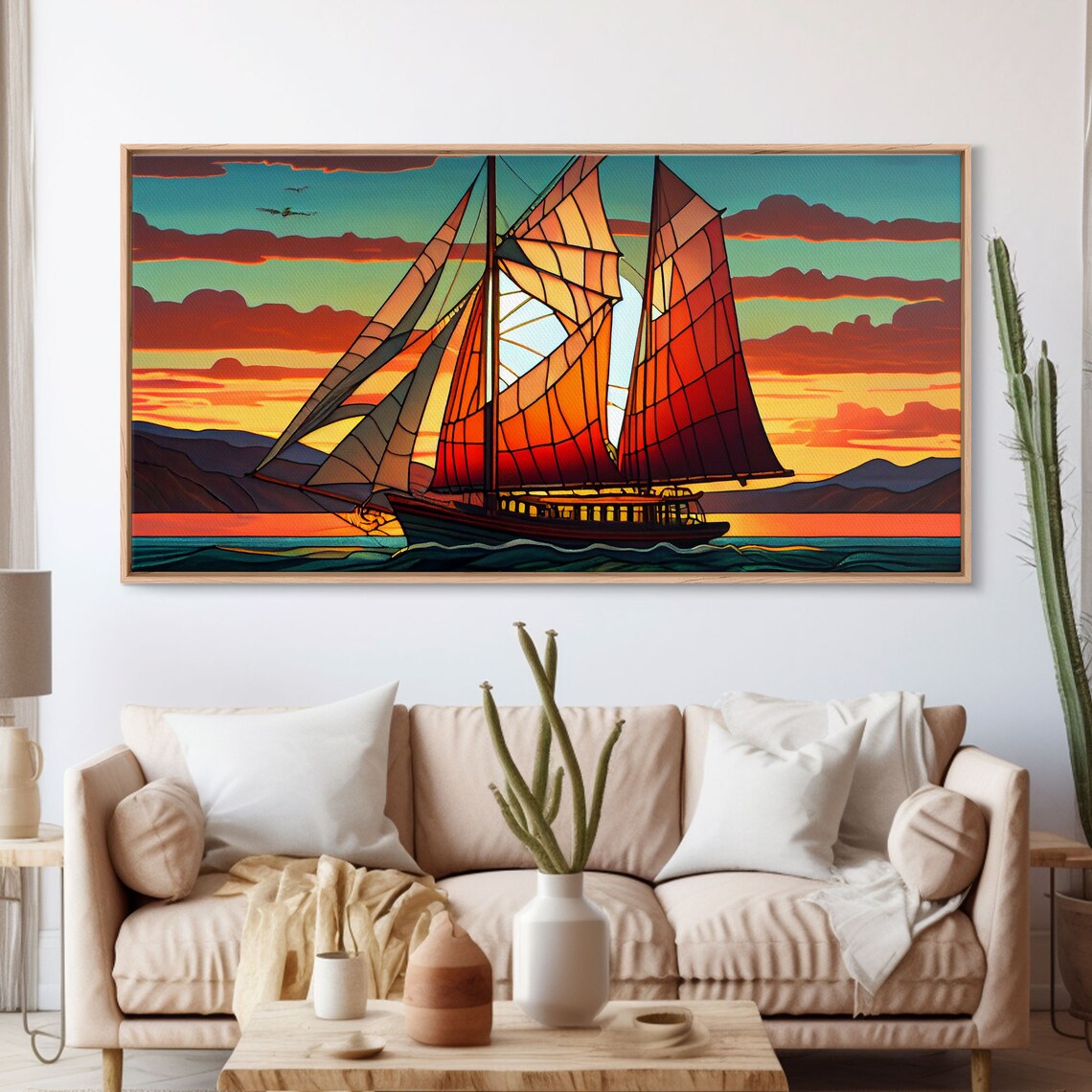 Stained Glass Sailboat Sunset Art Deco Nautical Seascape Ocean Poster - Image 3