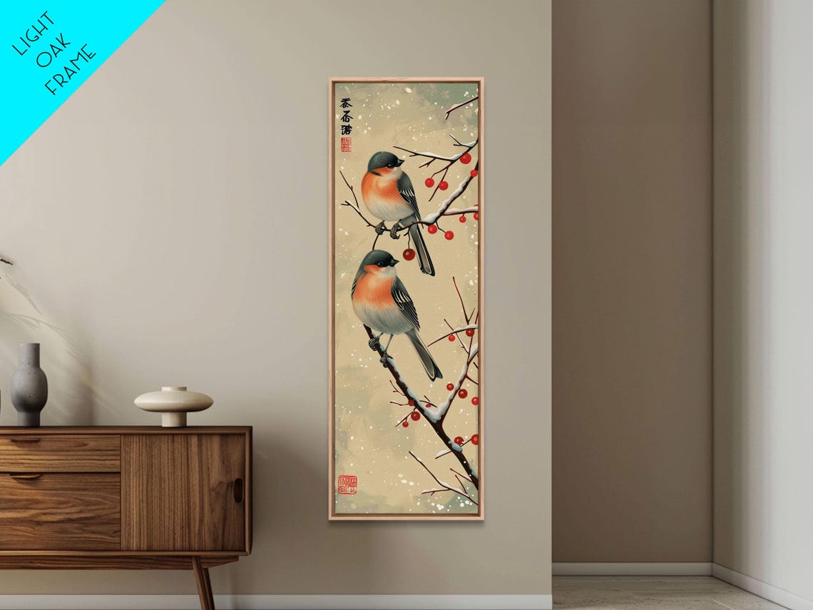 Pair Of Birds On Snowy Branches Red Berries Winter Art Print