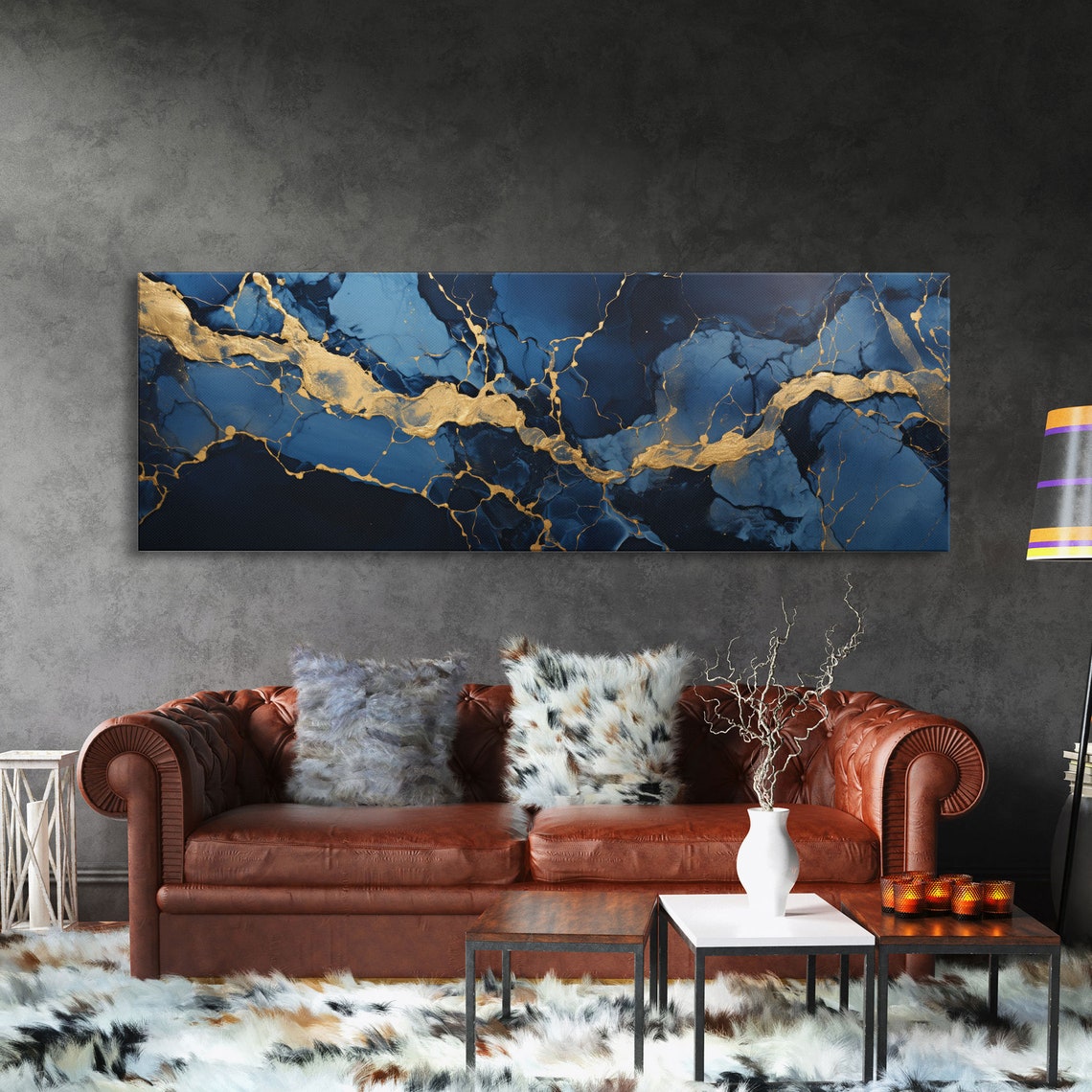 Black Blue Marble Gold Veins Luxury Abstract Modern Wall Art - Image 3