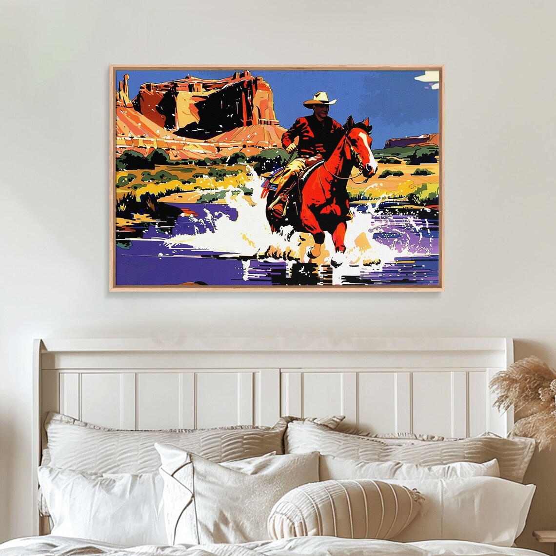 Cowboy Riding Red Horse Through River Canyon Pop Art Western Poster - Image 6