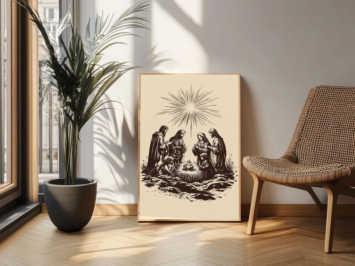 Nativity Scene Under Radiant Star Black Silhouette Christmas Poster - Image 2