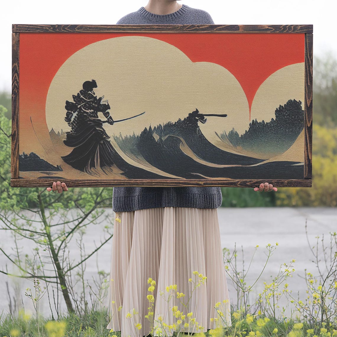 Samurai Facing Giant Wave Under Blood Red Sun Japanese Art Poster - Image 2