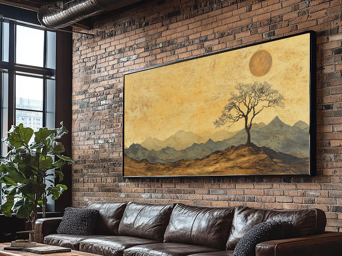 Lone Tree Golden Mountains Wabi Sabi Earthy Landscape Art Poster - Image 3