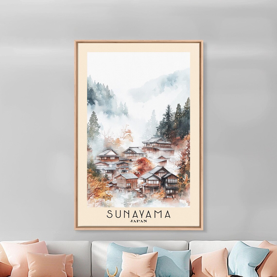 Sunayama Japan Misty Mountain Village Autumn Foliage Watercolor Poster - Image 2