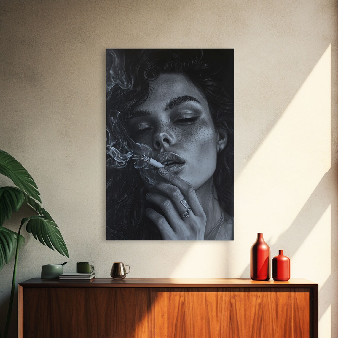 Noir Black and White Smoking Woman Charcoal Sketch Moody Portrait Print - Image 4