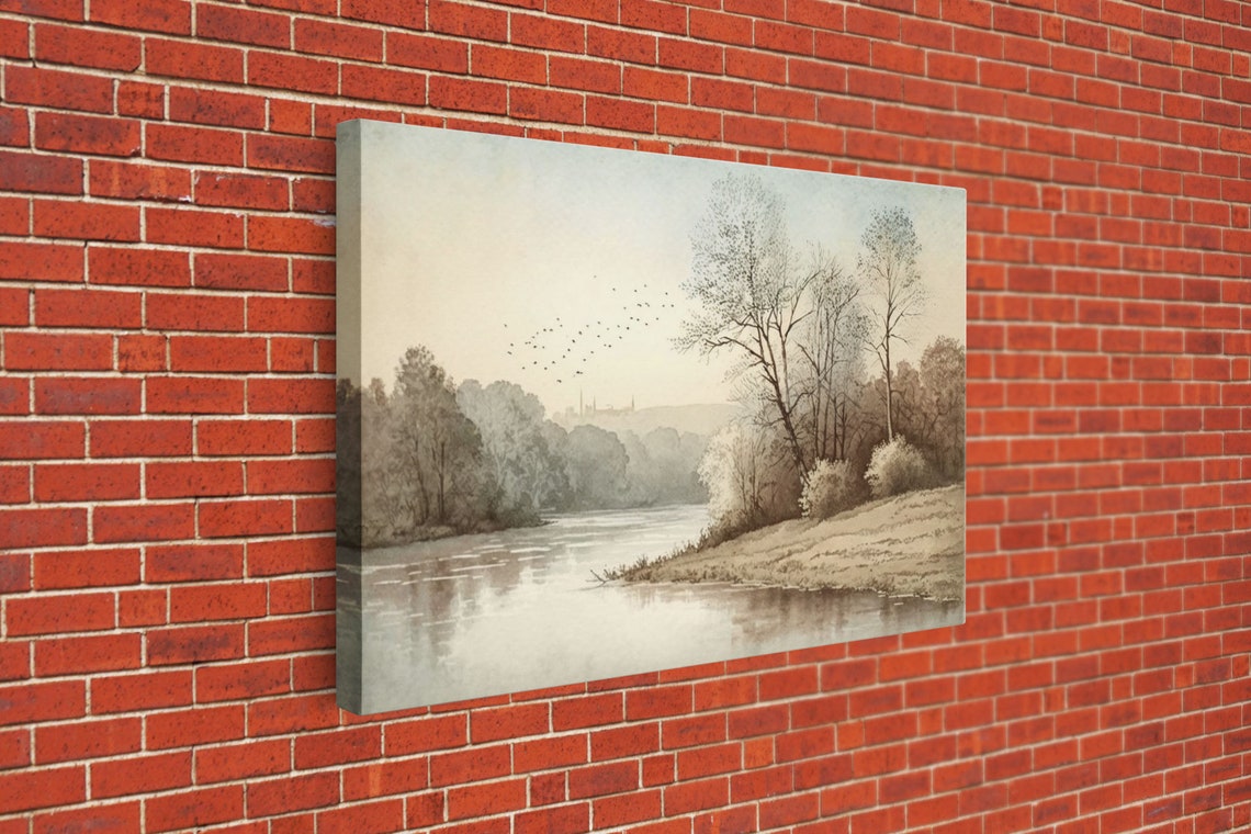 Vintage River Landscape Birds Trees Soft Sepia Countryside Art Poster - Image 2