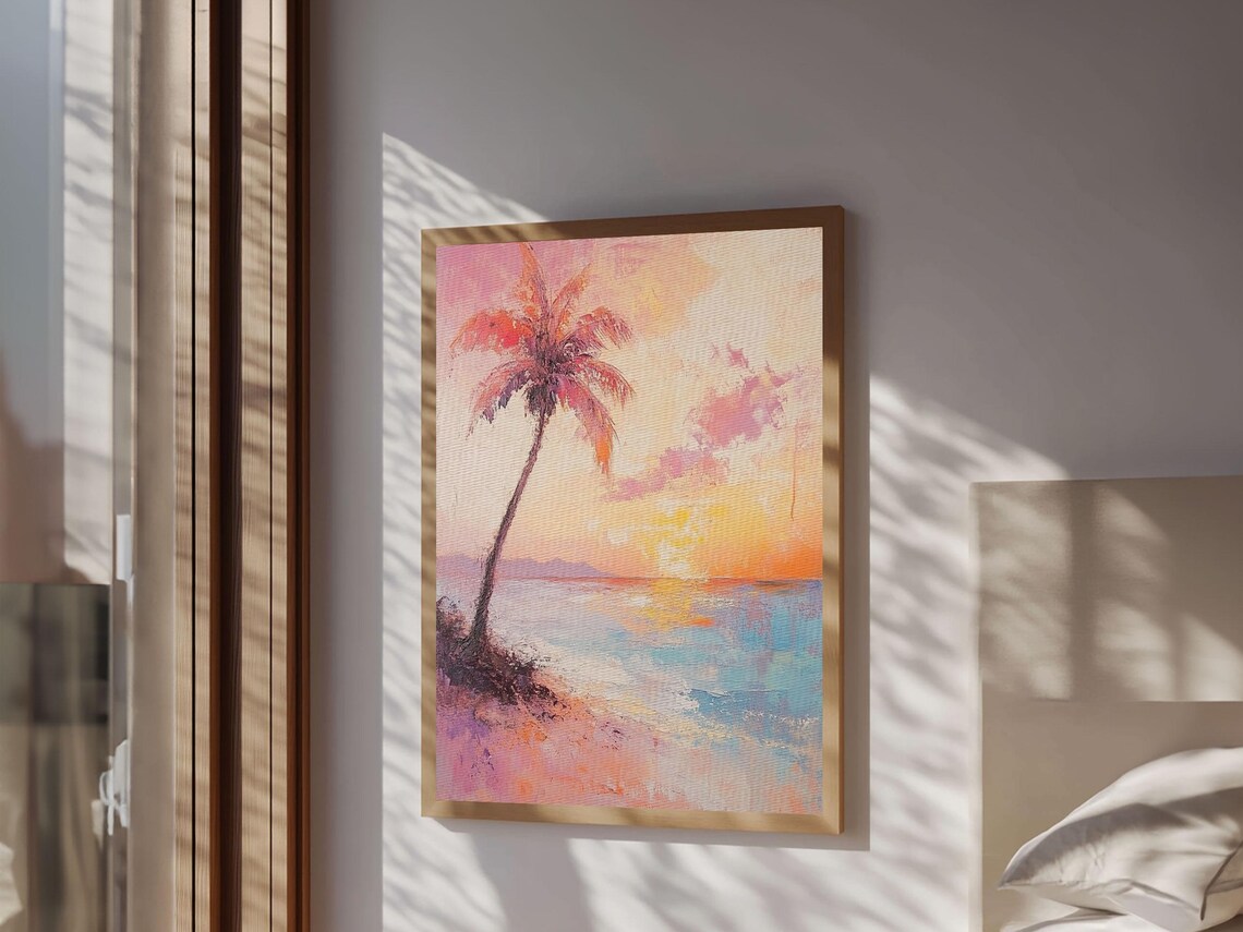 Beach Sunset Palm Tree Pastel Seascape Ocean Waves Coastal Oil Wall Art - Image 2